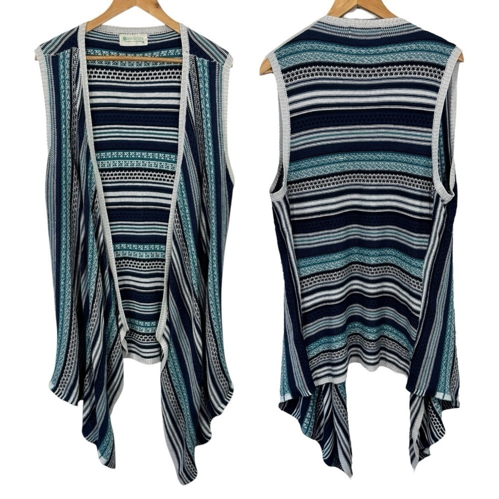 Aventura Longline Knit Vest Womens XL Blue Stripe Open Front Casual Preppy EUC